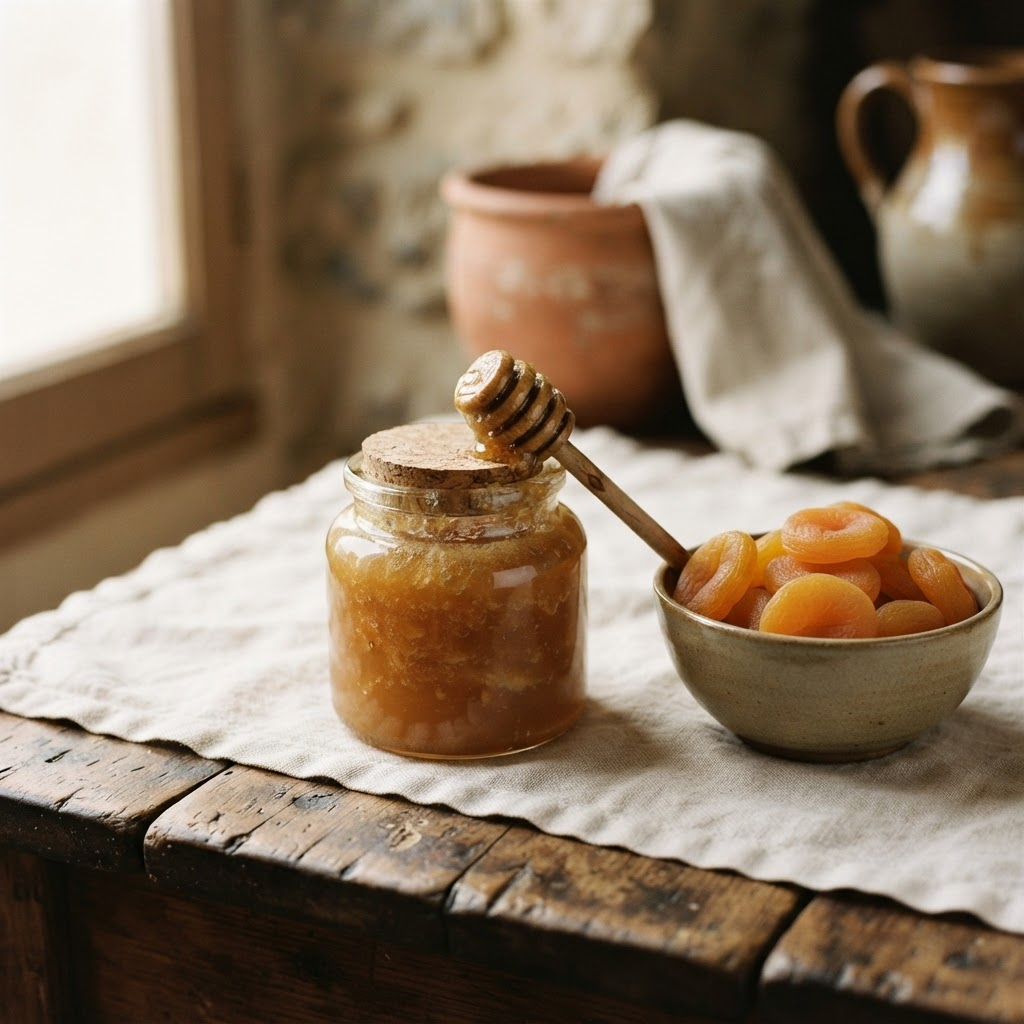 Glass jar of raw amber mountain honey beside a bowl of dried apricots