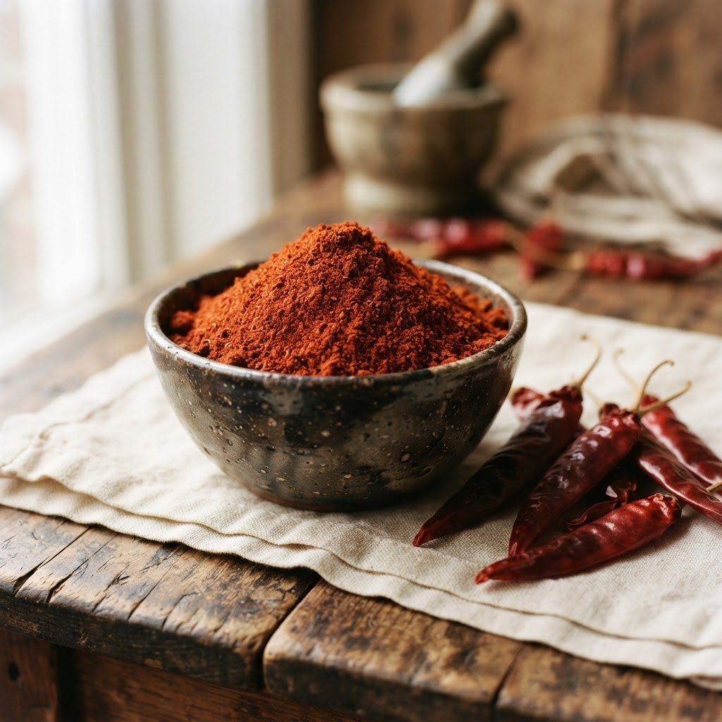 Bowl of naturally deep red Kashmiri chilli powder with whole dried chillies