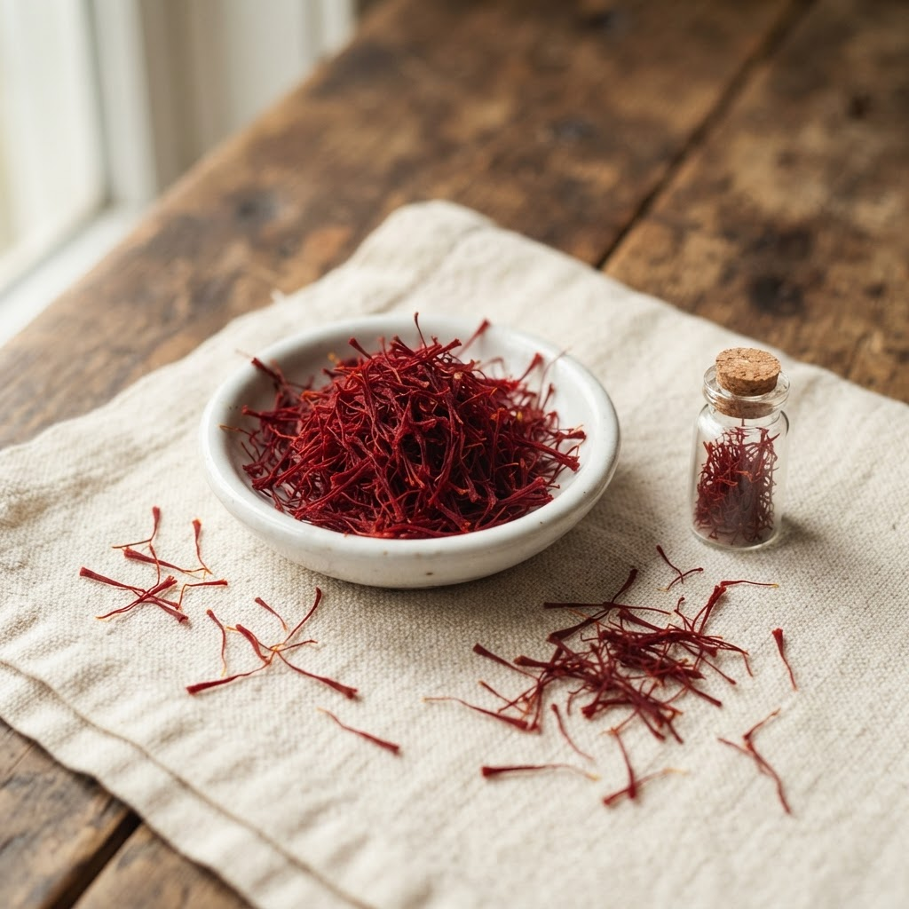 Crimson Kashmiri Mongra saffron threads in a small porcelain dish