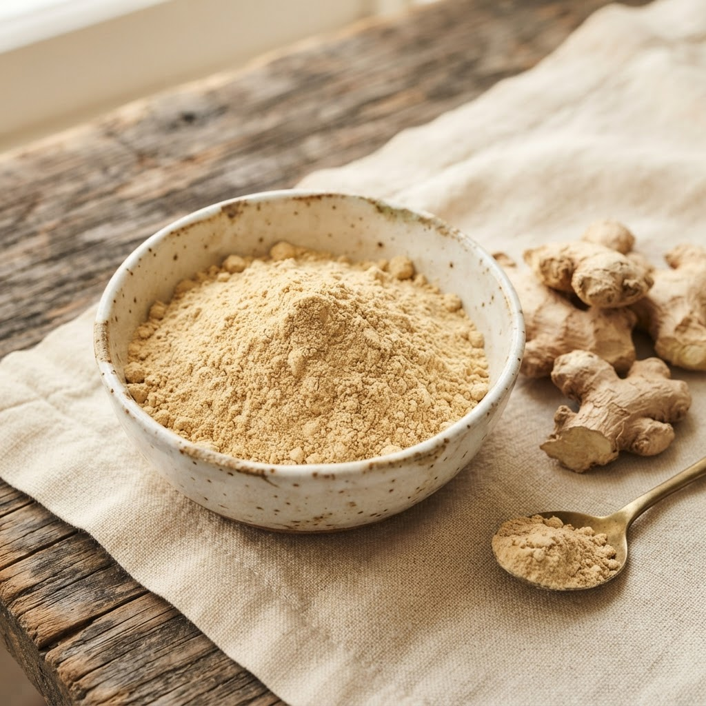 Rustic bowl of pale golden dry ginger powder with dried ginger root