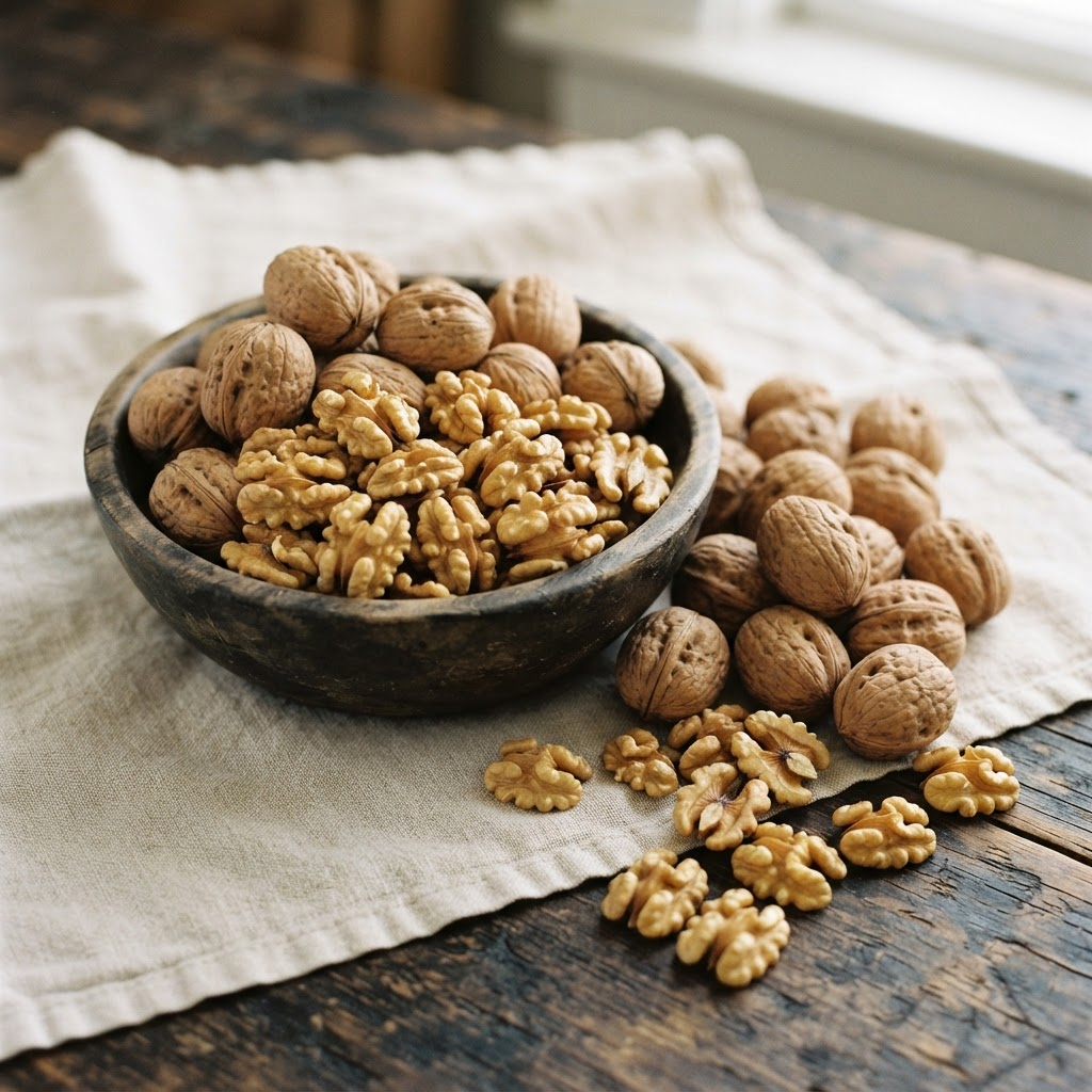 Whole Kashmiri walnuts and golden walnut kernels in a wooden bowl
